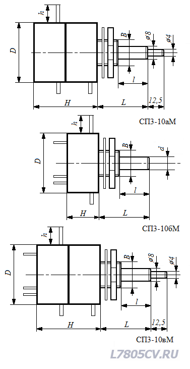 Резистор переменный СП3-10М размеры
